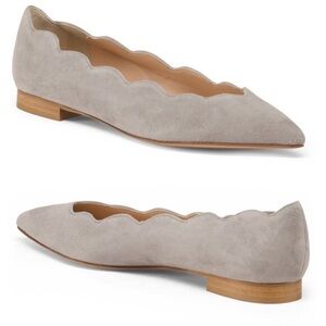 Avellini Italian-Made “Cora” Leather Pointed-Toe Ballet Flats Scalloped Edge